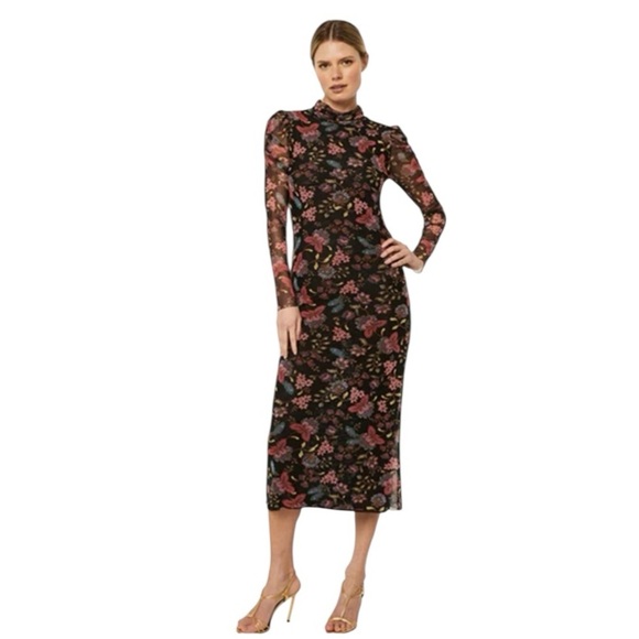 Misa Los Angeles - NWT Vivienne Mesh Black Floral Long Sleeve Midi Dress Sz L - Picture 1 of 10